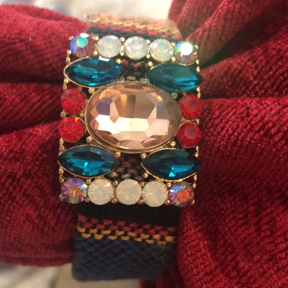 🔴 BOHO FABRIC COVERED CUFF BRACELET WITH MULTICOLORED RHINESTONES - Picture 3 of 9